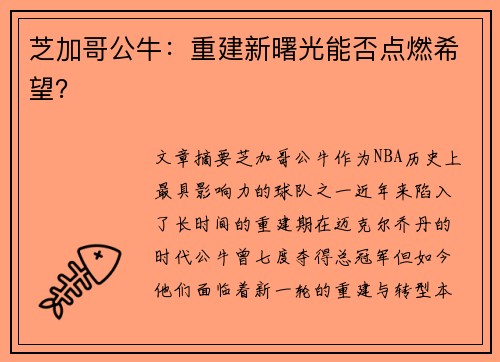 芝加哥公牛：重建新曙光能否点燃希望？